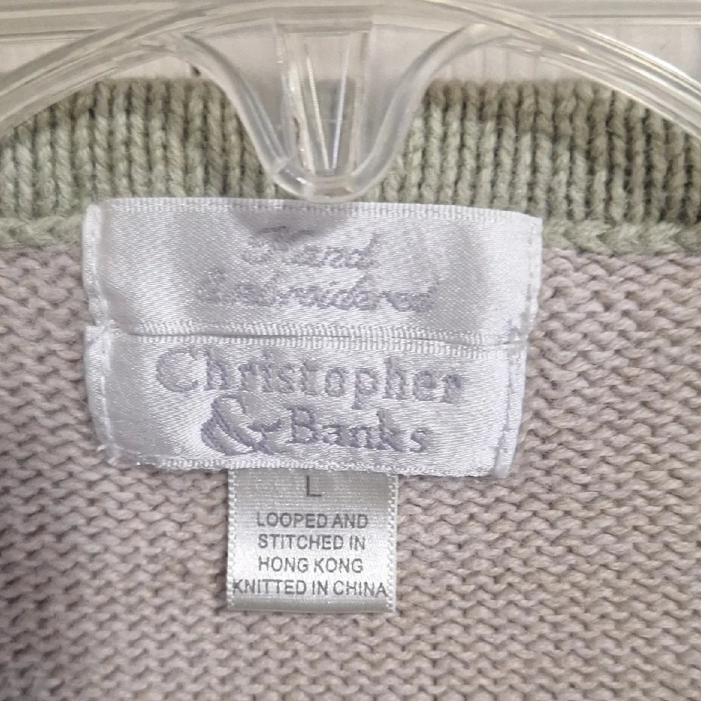 Christopher & Banks Embroidered Winter Bird Cardigan - Tan Sage Green Trim-L - Picture 2 of 6